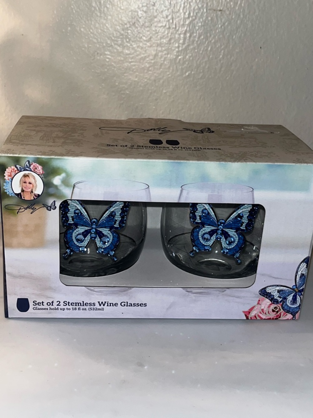 Dollcake Blue Butterfly Stemless Wine Glasses